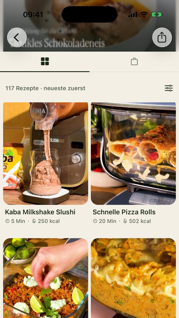 Ninja's brand profile in the Foodoholic app, with Kaba Milkshake Slushi as the newest recipe