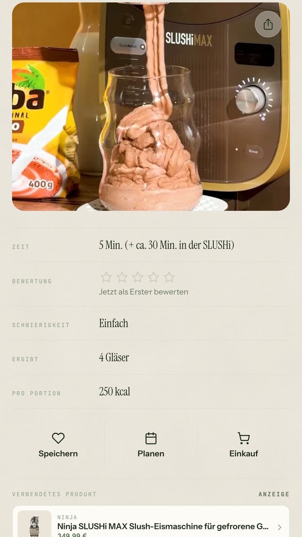 Kaba Milkshake Slushi recipe page on foodoholic.de with the Ninja SLUSHi MAX linked